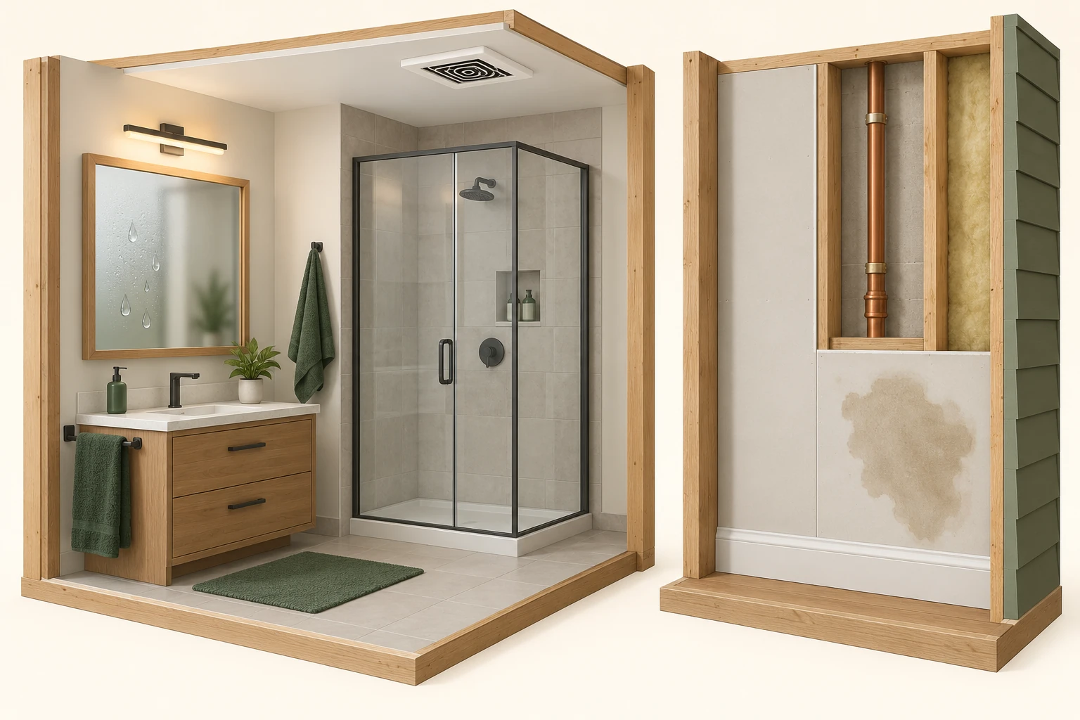 Two separate cutaways show droplets on a bathroom mirror at left and an intact pipe above an unassigned damp wall patch at right. No water connects the pipe to the patch.
