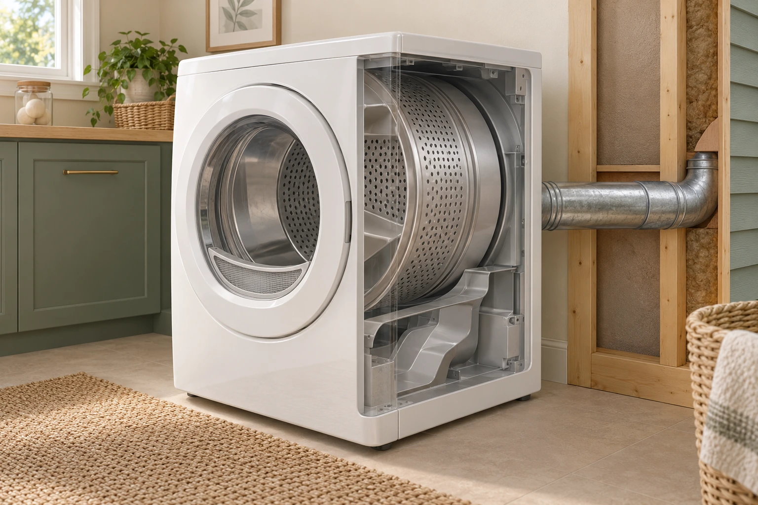 Original selective 3D skeleton dryer picture shows a curved mesh screen form at the front opening, a drum and lower internal air-passage form behind a transparent cabinet side, and a metal duct continuing into a wall cavity. This concept supplies no actual screen location, service operation, inspected condition or visible final outdoor end.