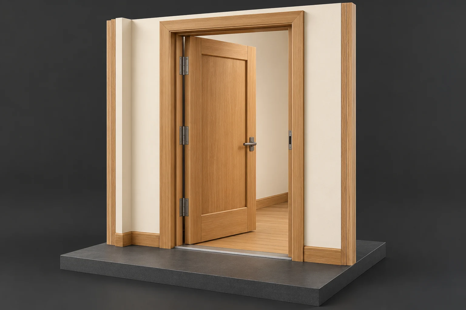Conceptual timber entrance with an open door leaf, three hinge-like landmarks, a handle, a frame-side receiver and a narrow threshold