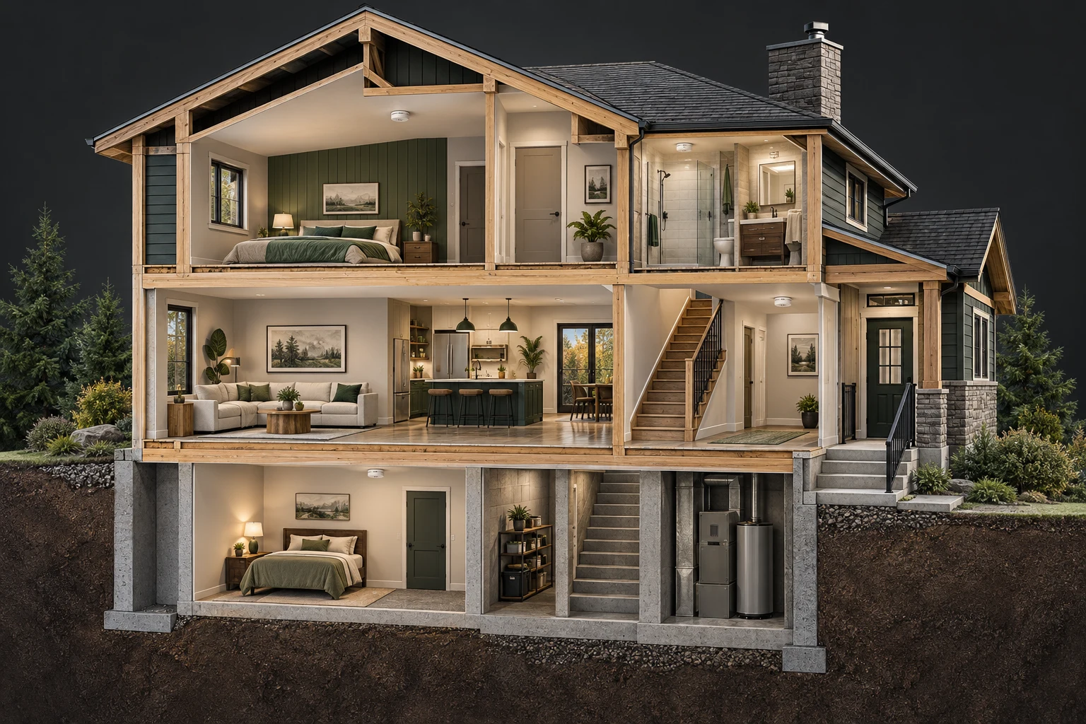 Whole-house cutaway with basement sleeping room, closed doors, ceiling alarm shapes and stairs to a ground-floor exterior door.