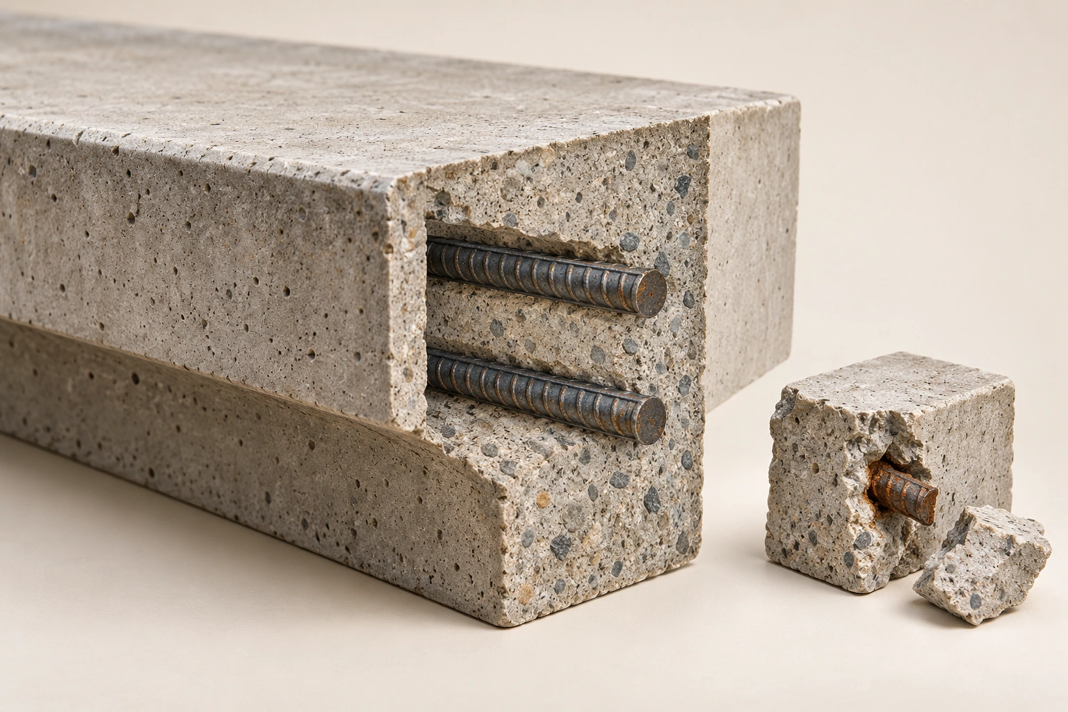 Concrete cover surrounds the reinforcing steel. Concrete cover separates reinforcing steel from the weather-exposed surface. The separate edge specimen illustrates why loss of cover and exposed steel create a different question from a surface mark.