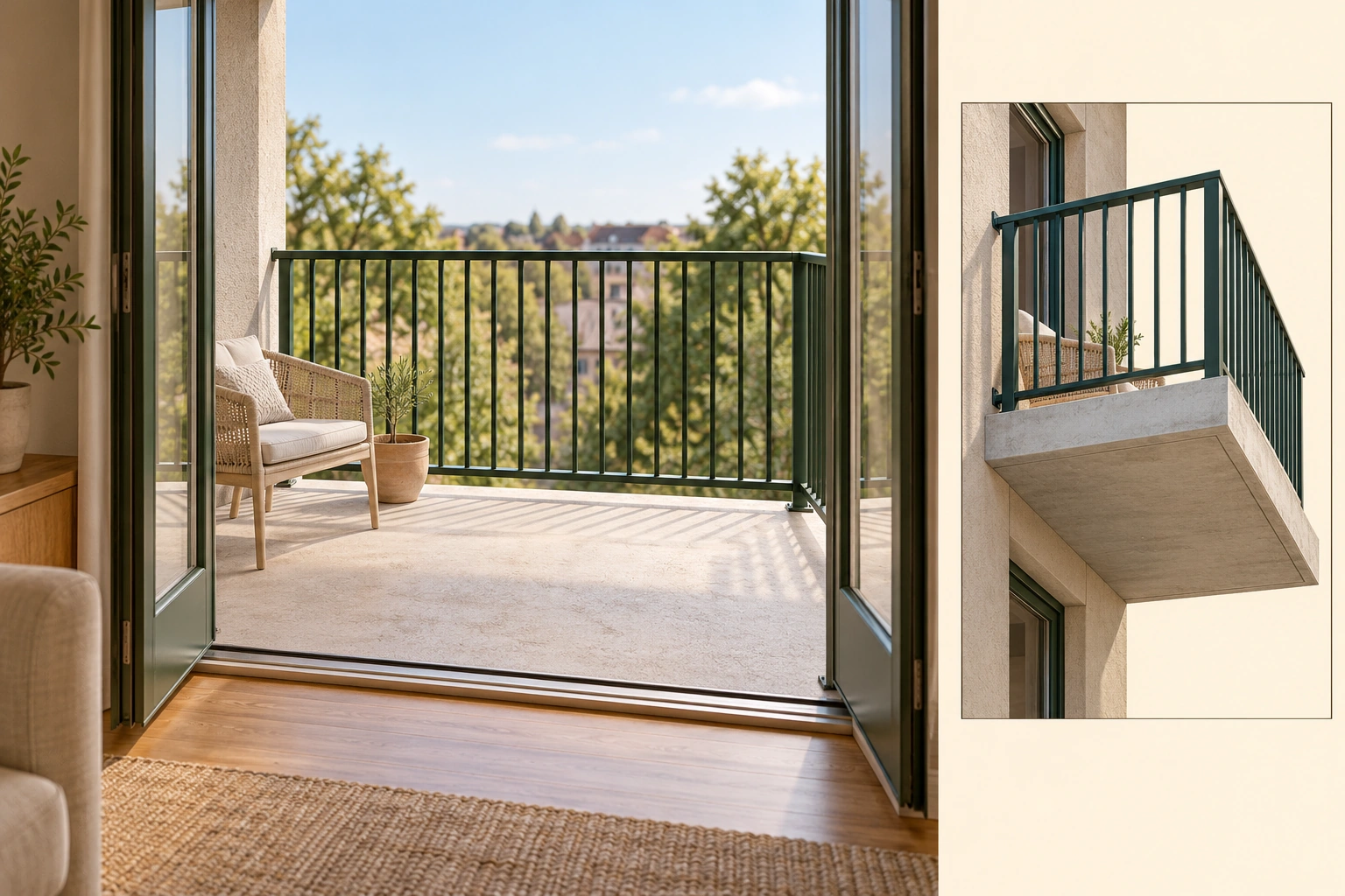Everyday use and underside condition are different views. The doorway leads to a balcony with a chair, planted pot and guard. A separate inset shows its underside, making the everyday-use view and the concealed-structure question different perspectives.
