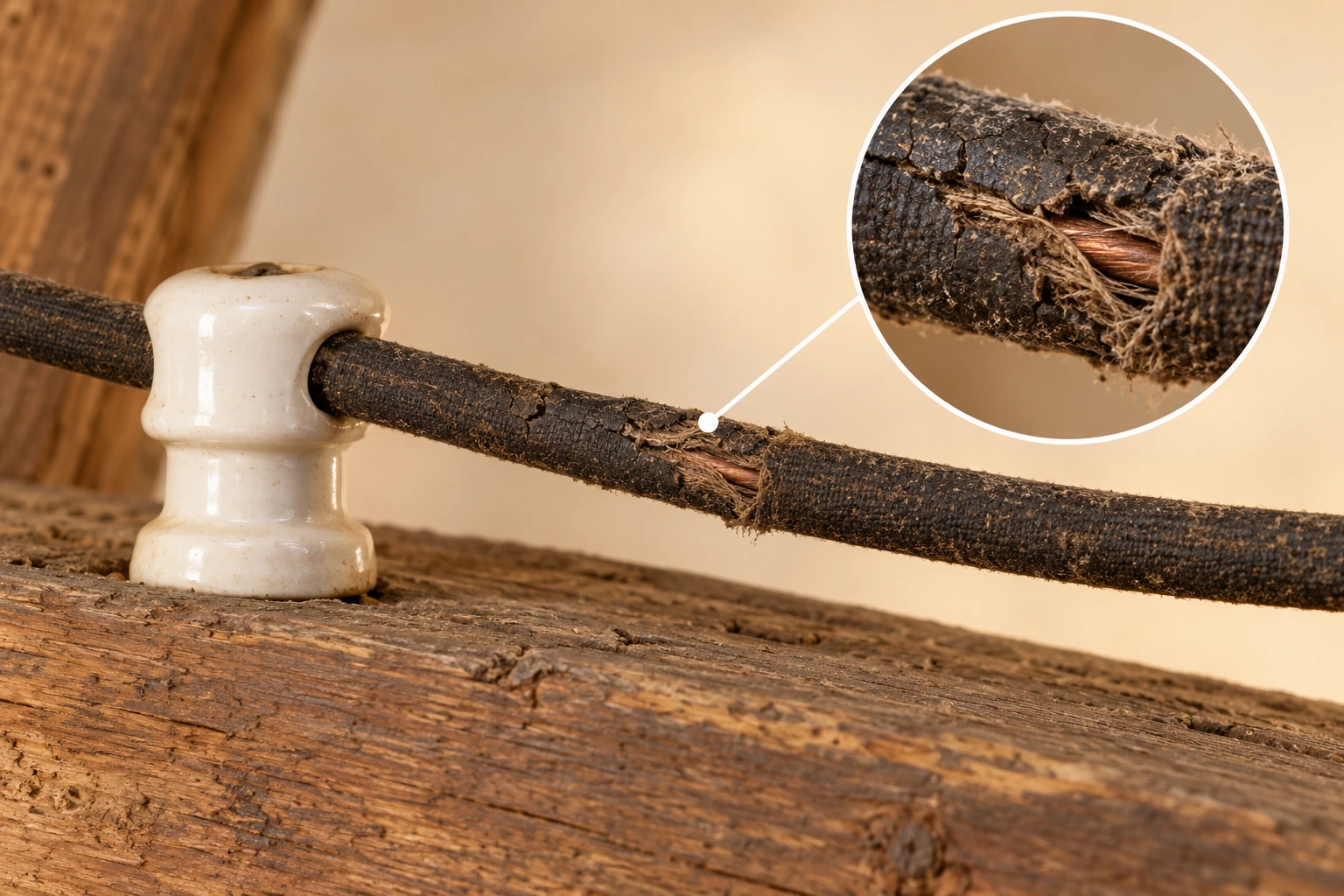 Illustrative old insulated conductor with a frayed and cracked covering exposing a small metal area beside an intact ceramic support.