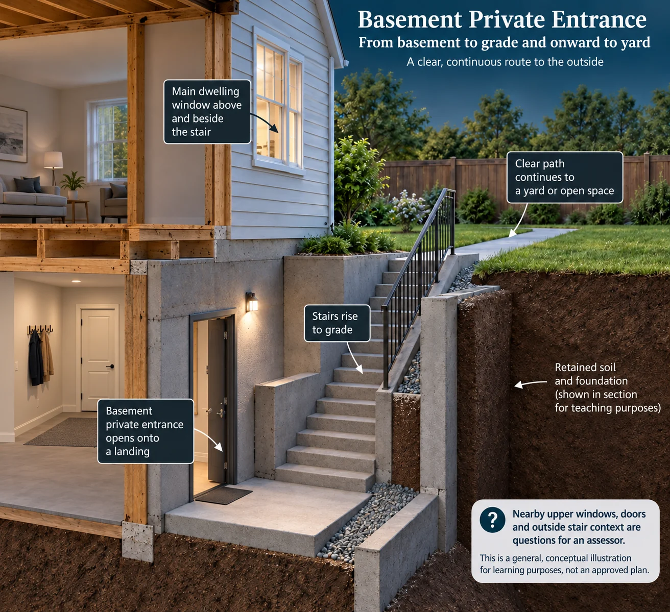 Side house cutaway showing a finished lower entrance hall with a closed inner door, an exterior doorway onto a landing, stairs rising to grade and a path into a yard; upper window beside the stair, retained soil and foundation section; complete labels are repeated below.