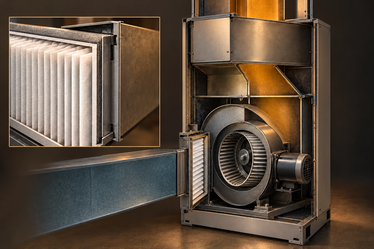 An explicitly conceptual air-side cabinet cutaway shows an external pleated filter rack before the round inlet of a centrifugal circulating blower, with its housing outlet above and an enlarged filter-edge inset.