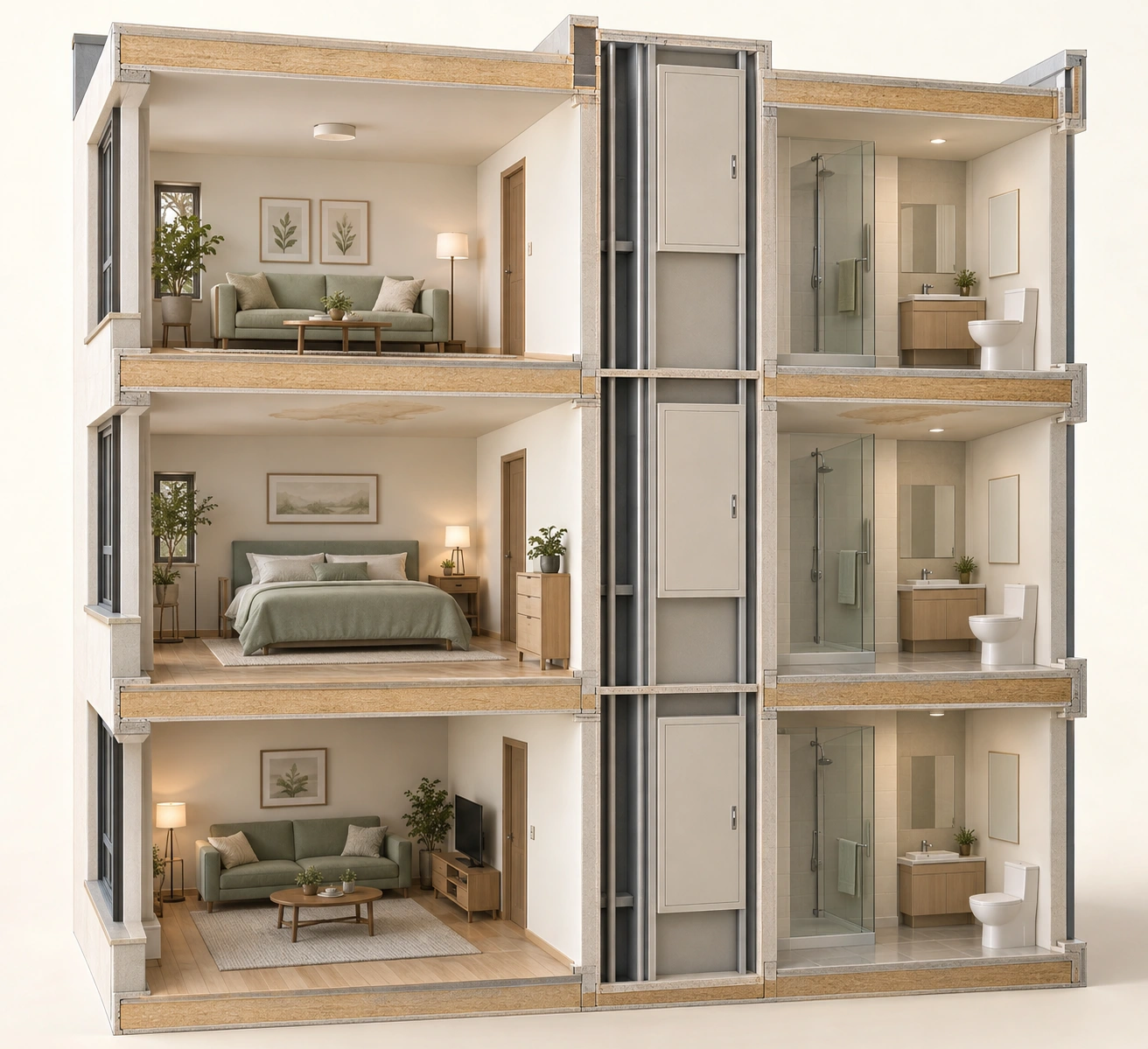 Three-level apartment cutaway with furnished rooms, bathrooms and a central closed service-chase cover at each level; pale ceiling marks appear on the middle level.