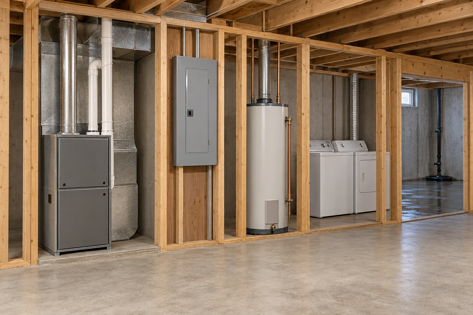 The closed furnace, electrical enclosure and appliance illustrate systems that can share a flooded room without sharing one assessment or restoration authority.