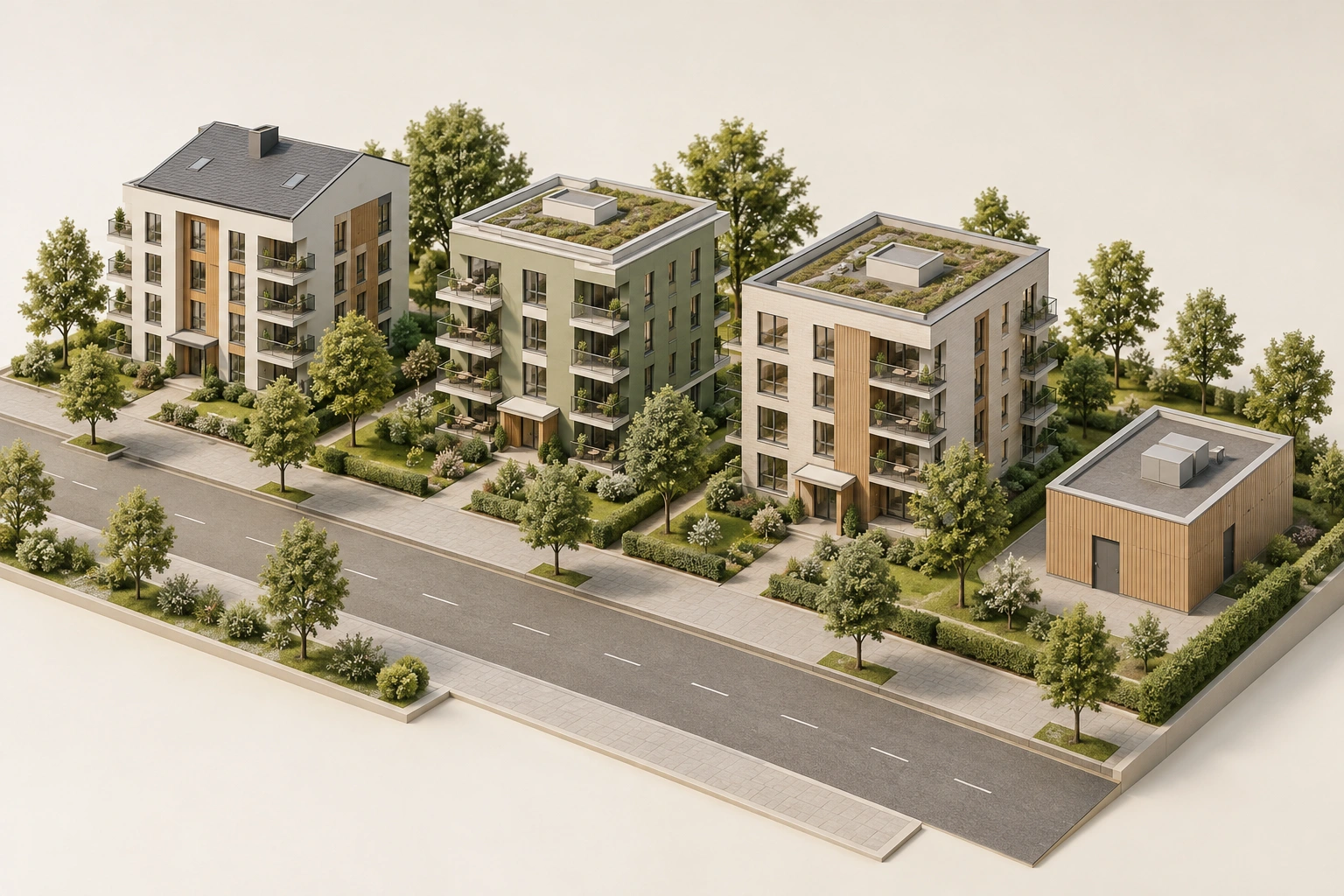 Buildings and separate small service building beside street; underground connections concealed.