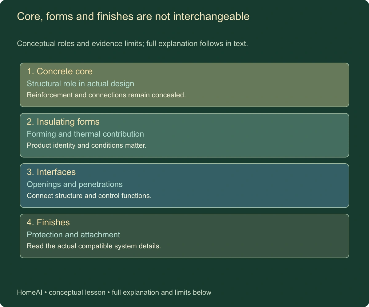 Core, forms and finishes are not interchangeable. Conceptual roles and evidence limits; full explanation follows in text.