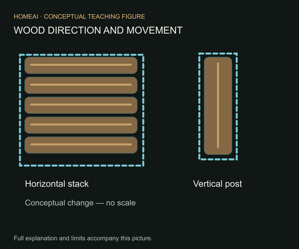 Wood direction changes the movement question. Horizontal stacked members and a vertical post can respond differently. The dashed outlines are conceptual changes in shape, not measurements or a recommended adjustment.